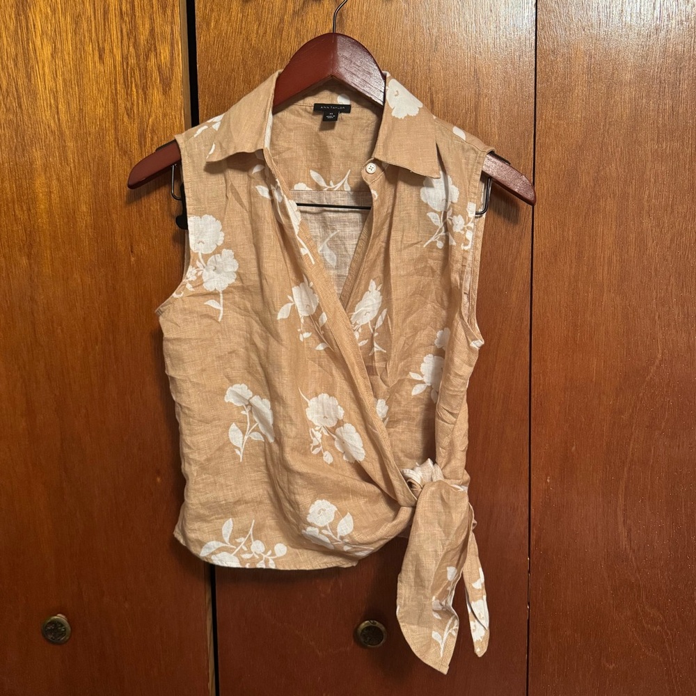 Ann Taylor Beige Floral Sleeveless Linen Blouse size XS
